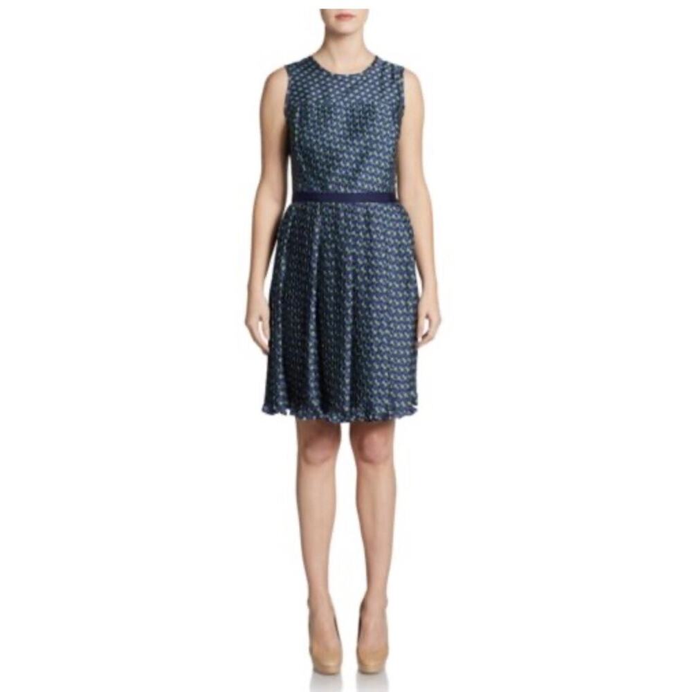 Shoshanna Paulette Micro-pleat Sleeveless Knee Length Dress, Blue/Green Print 6 - Picture 2 of 16